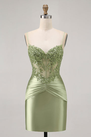 Green Strapless Corset Sequins Bodycon Short Homecoming Dress with Appliques